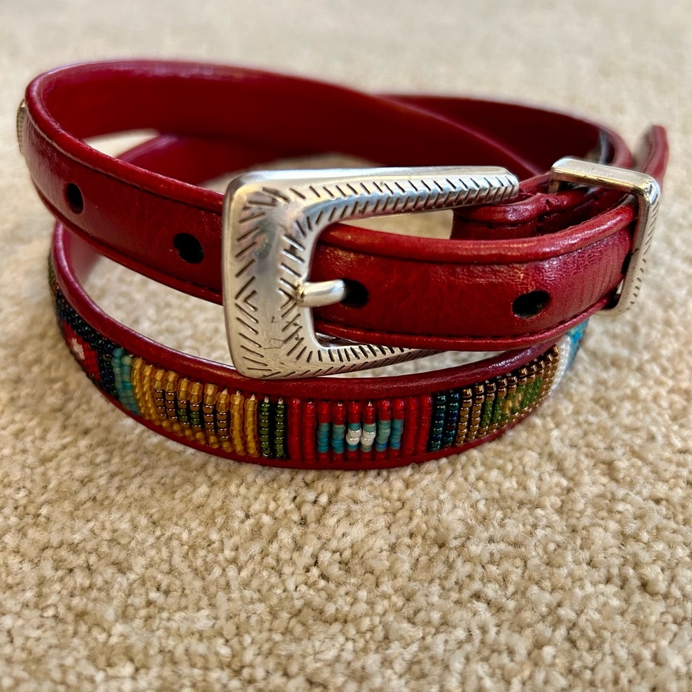 Brighton gorgeous red leather  beaded belt with silver buckle